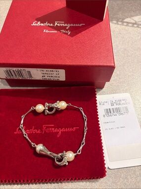 Salvatore Ferragamo Pearl and Silver Link Bracelet